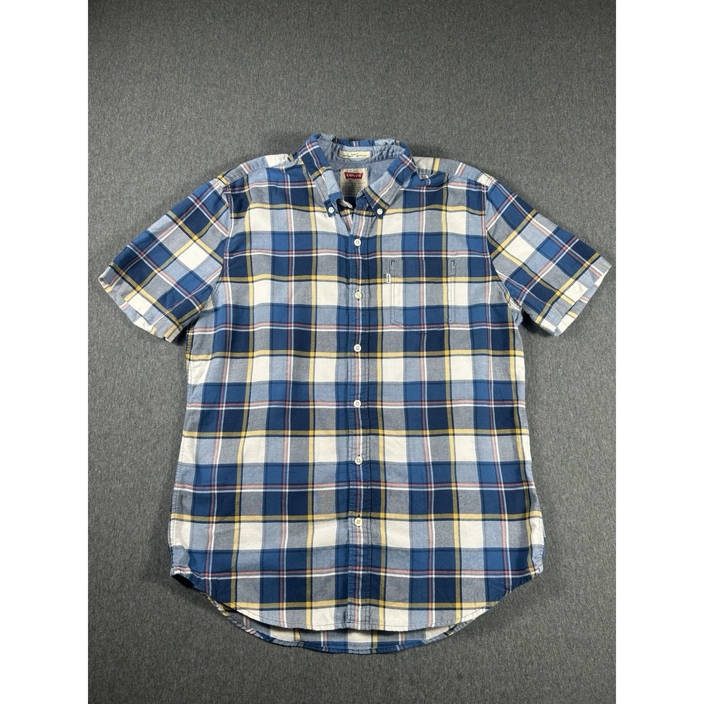 Levi's Men's Slim Fit Short Sleeve Plaid Button Down Shirt Blue Yellow Large